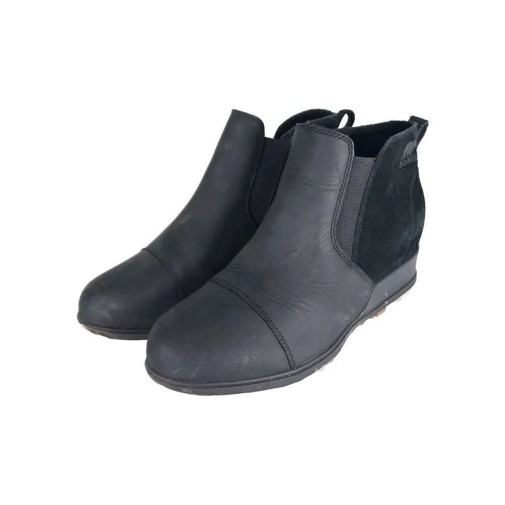 Sorel Women's Evie US8,5 Black Leather Pull On Wedge Chelsea Ankle Boots
